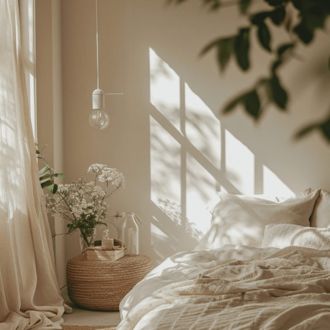 Soft daylight across linen drapery beside a breathing cushion
